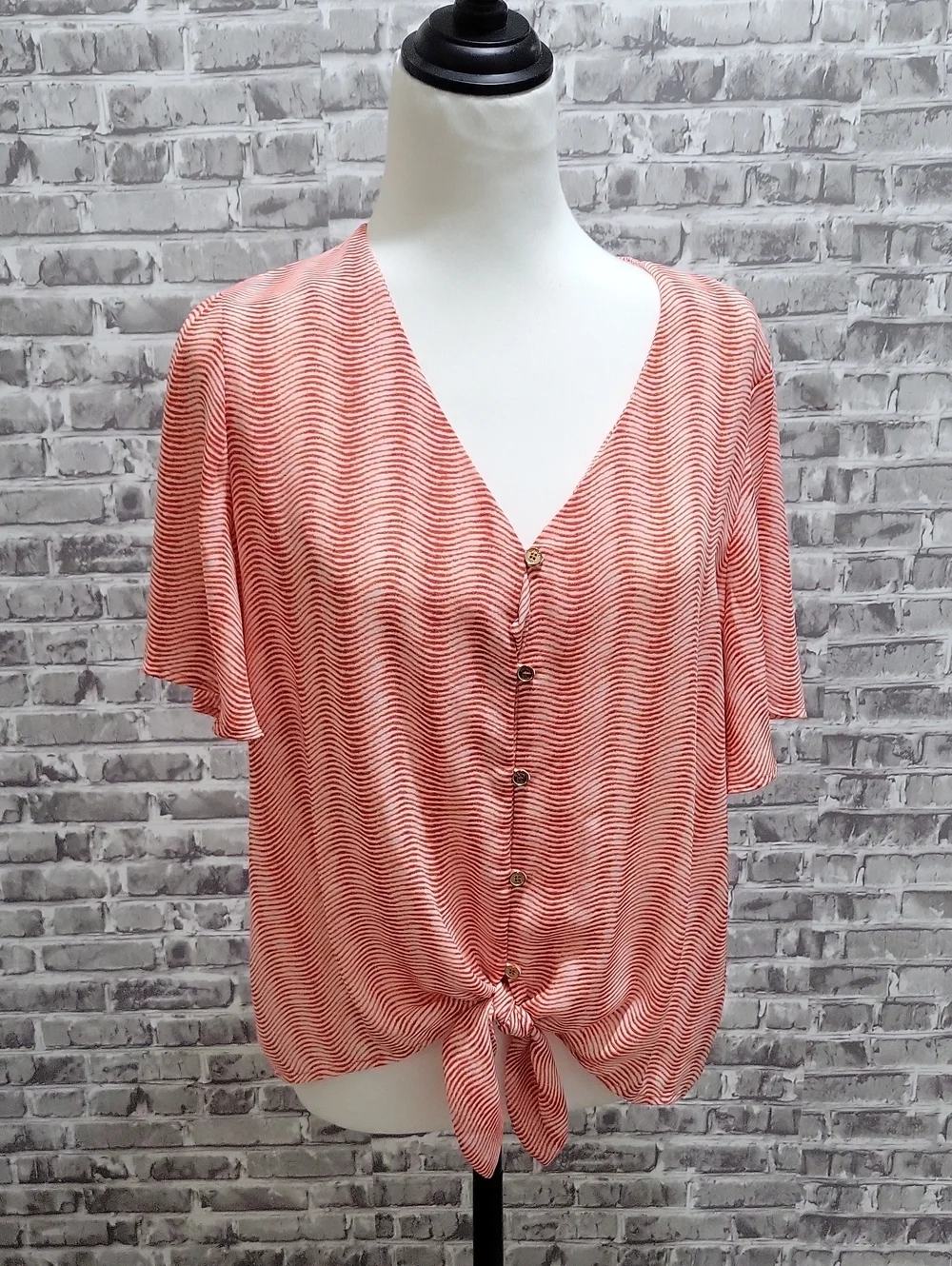 Michael Kors Coral Peachy Pink Wave Tie-Front V-Neck Blouse Size M